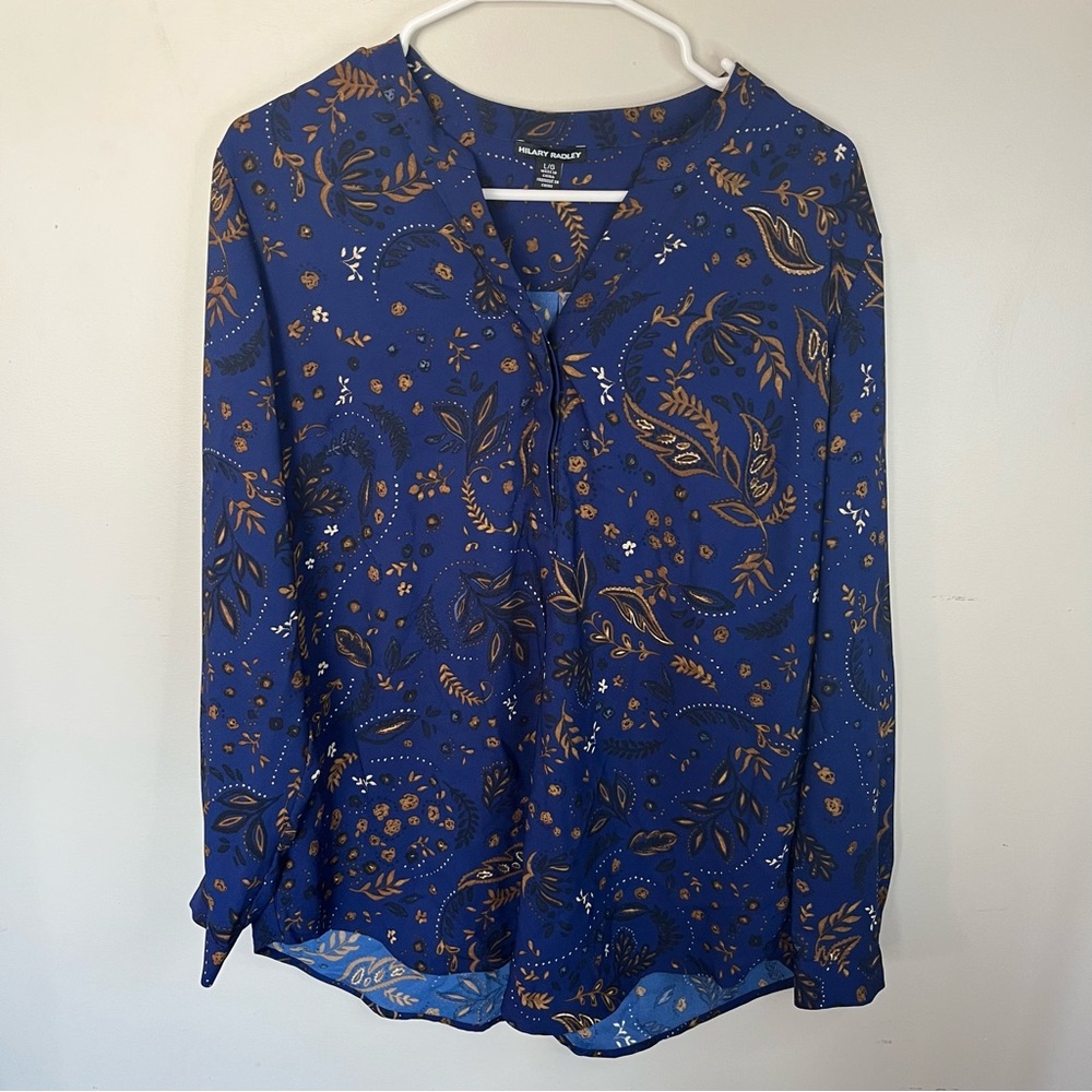 3/$40 Ladies Size Large Hilary Radley Navy and Tan long Sleeve floral Blouse